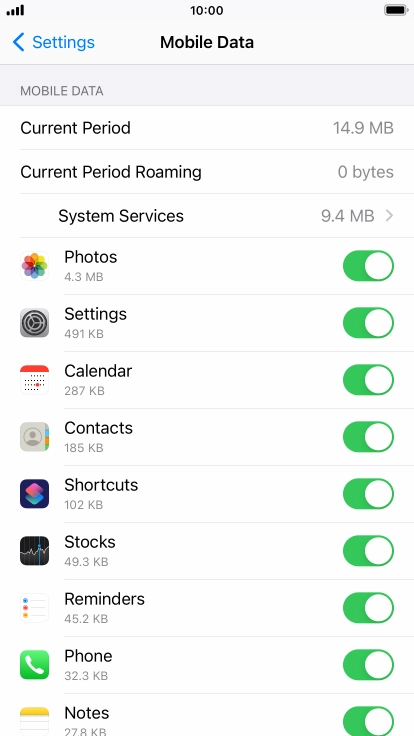 Press the indicators next to the required applications to turn the function on or off.