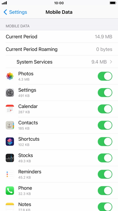Press the indicators next to the required applications to turn the function on or off.