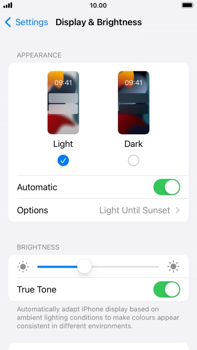 If you turn on the function, press Options and follow the instructions on the screen to select the required period of time for Dark Mode.