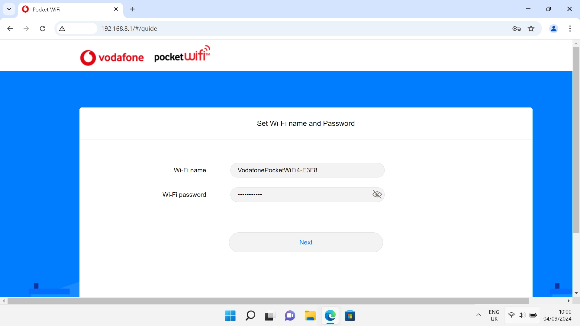 Follow the instructions on the screen to change name and password for your router's Wi-Fi hotspot.
