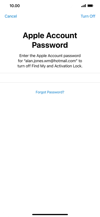Key in the password for your Apple ID and press Turn Off. Wait a moment while the factory default settings are restored. Follow the instructions on the screen to set up your phone and prepare it for use.