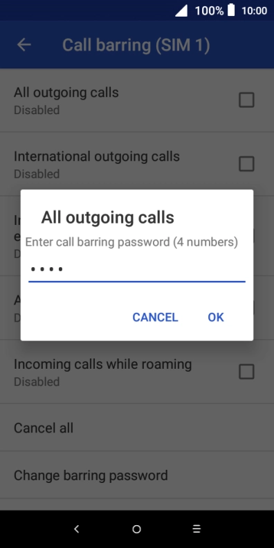 Key in your barring password and press OK. The default barring password is 0000.