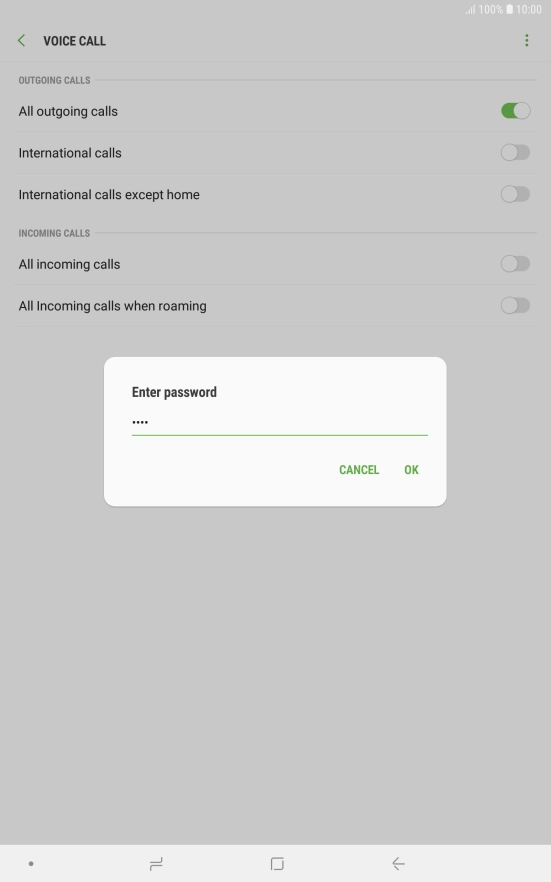 Key in your barring password and press OK. The default barring password is 0000.