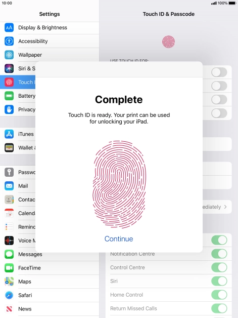 Press Continue. If you haven't previously selected a lock code, key in a code of your own choice twice.
