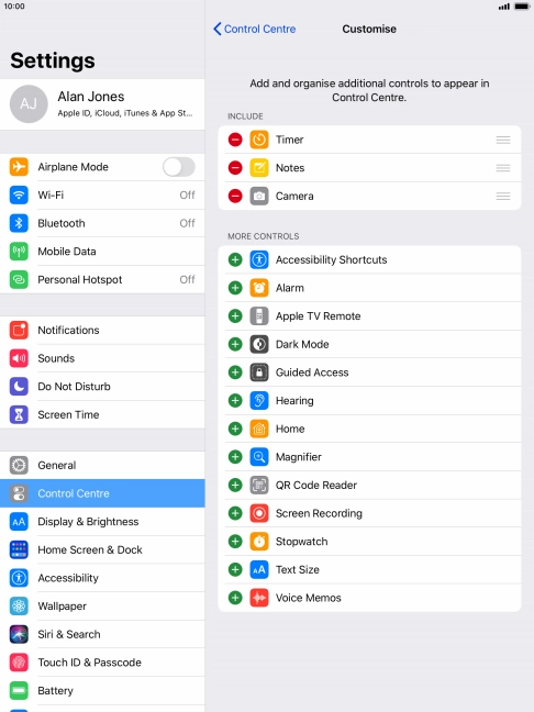 Press the delete icon next to the required function to remove it from Control Centre.