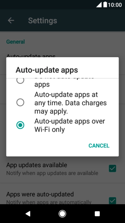 Press Auto-update apps over Wi-Fi only to turn on the function.