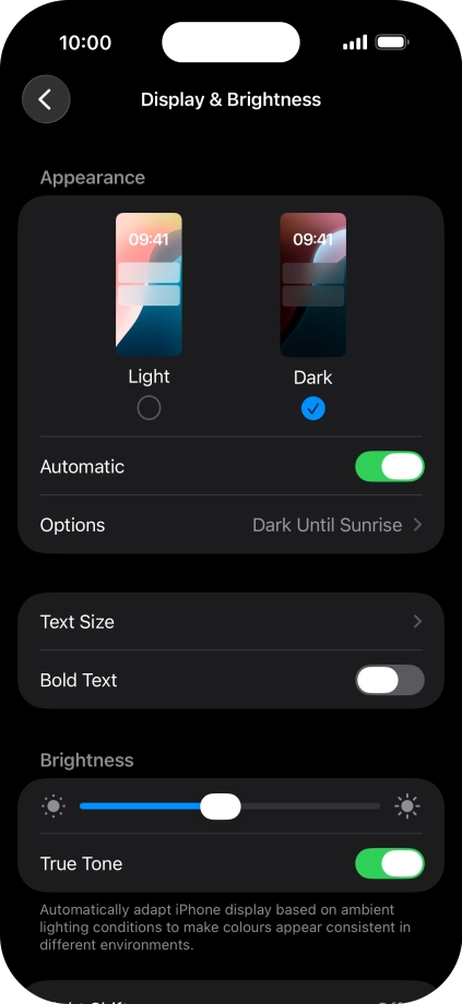 If you turn on the function, press Options and follow the instructions on the screen to select the required period of time for Dark Mode. If you turn on the function, press Options and follow the instructions on the screen to select the required period of time for Dark Mode.