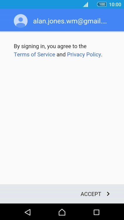 Press ACCEPT and follow the instructions on the screen to select settings for your Google account.