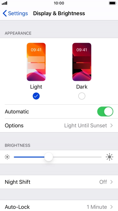 If you turn on the function, press Options and follow the instructions on the screen to select the required period of time for Dark Mode.