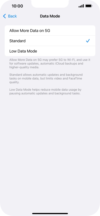 Press the required setting.