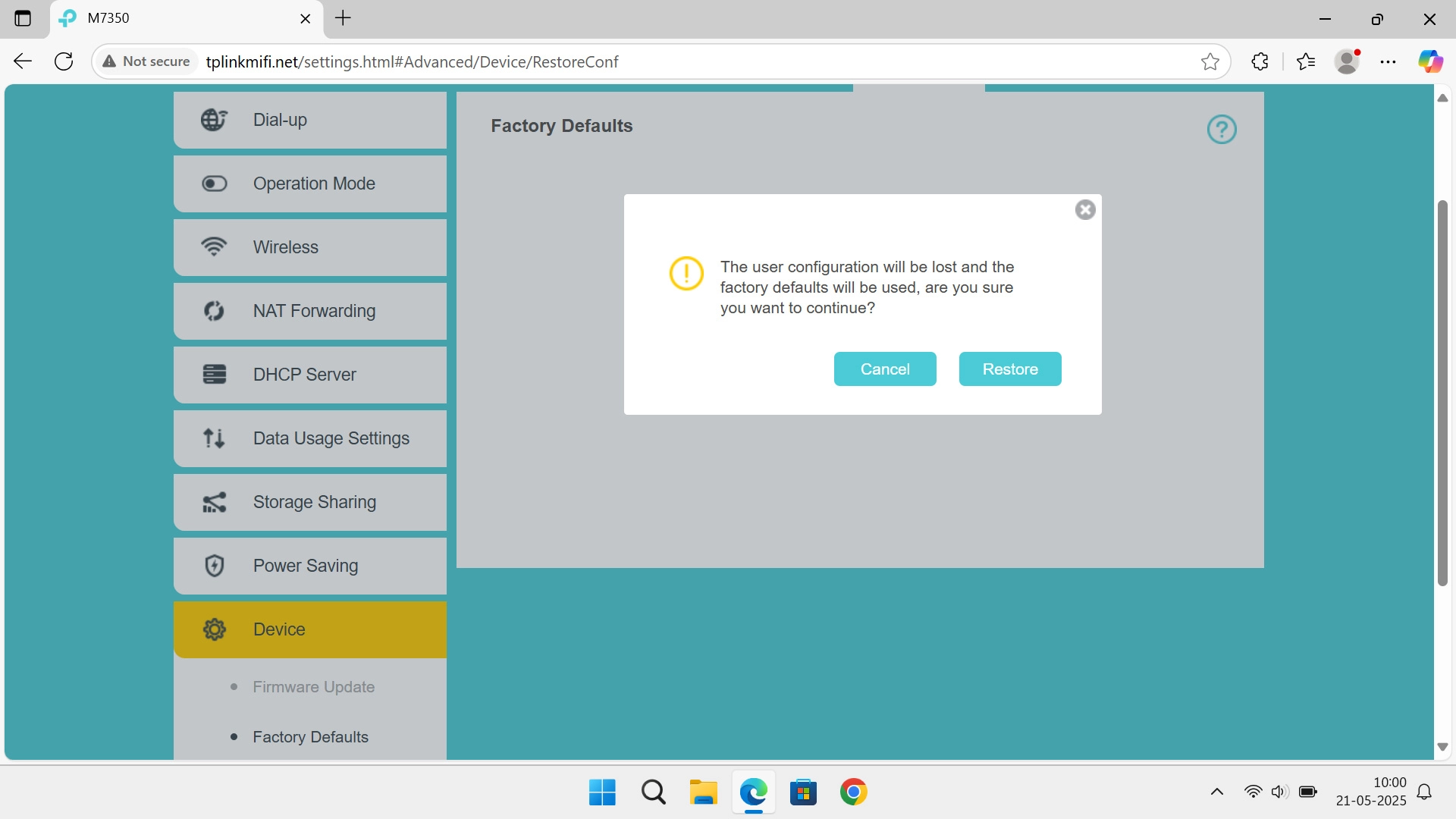 Click Restore and wait while your router restores the factory default settings.