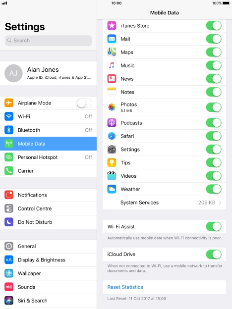 The data usage for each application is displayed below the name of the application.