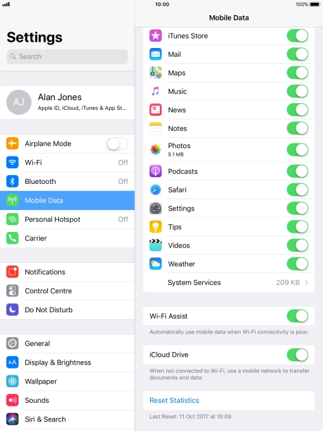 The data usage for each application is displayed below the name of the application.