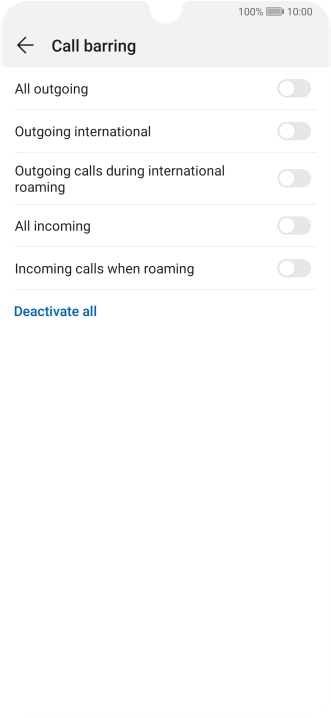 Press the indicator next to the required barring type to turn the function on or off.