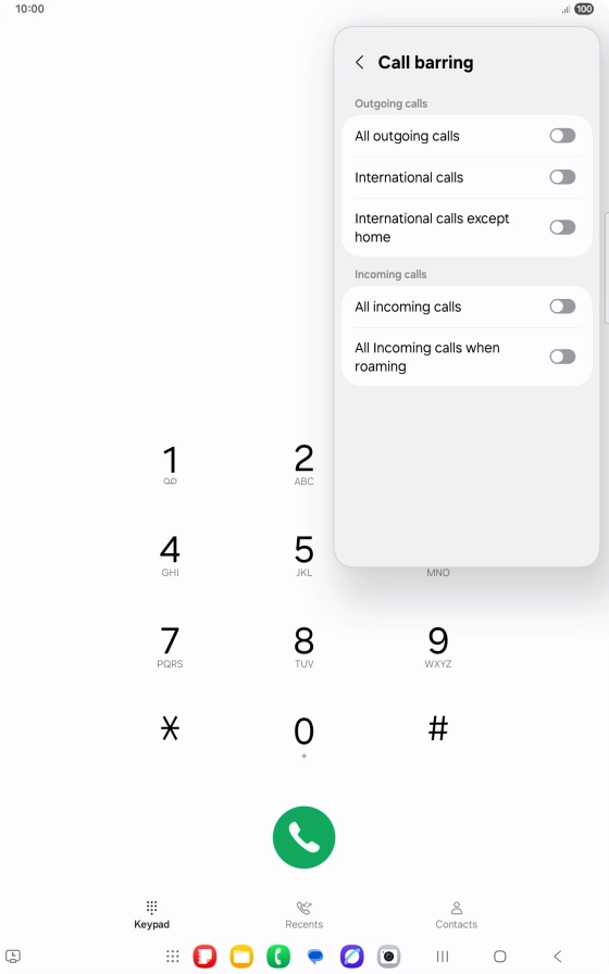 Press the indicator next to the required barring type to turn the function on or off.
