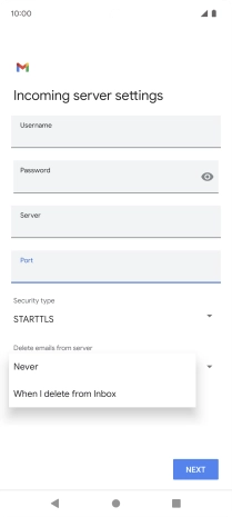 Press Never to keep email messages on the server when you delete them on your phone.