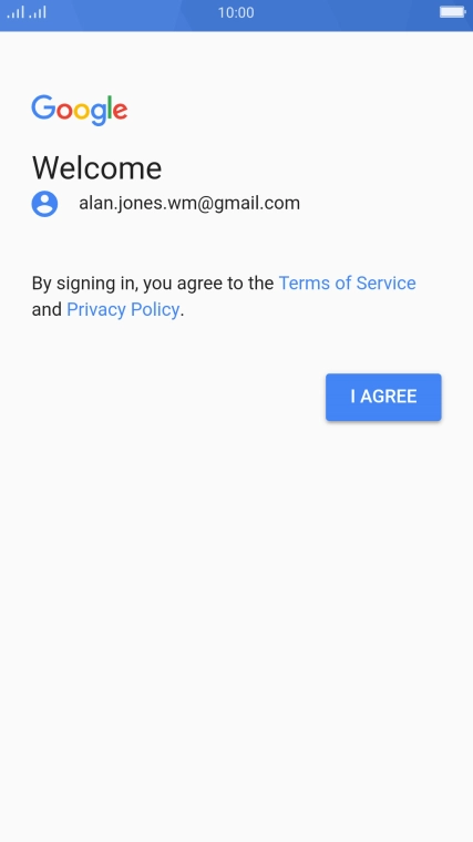 Press I AGREE and follow the instructions on the screen to select settings for your Google account.