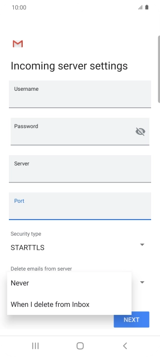 Press Never to keep email messages on the server when you delete them on your phone.