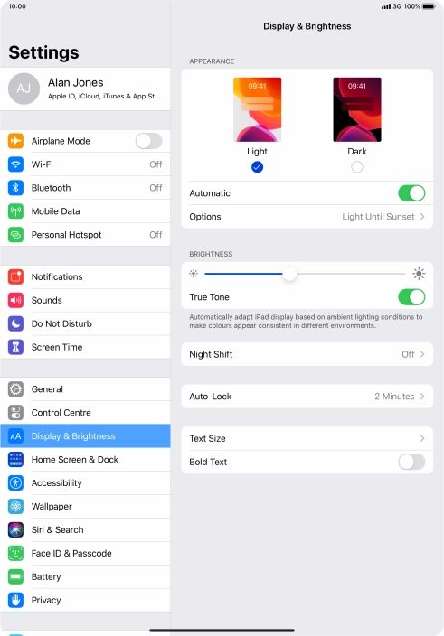 If you turn on the function, press Options and follow the instructions on the screen to select the required period of time for Dark Mode.