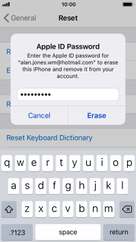 Key in the password for your Apple ID and press Erase. Wait a moment while the factory default settings are restored. Follow the instructions on the screen to set up your phone and prepare it for use. Key in the password for your Apple ID and press Erase. Wait a moment while the factory default settings are restored. Follow the instructions on the screen to set up your phone and prepare it for use.