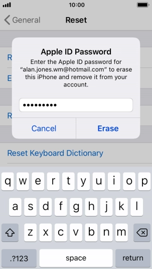 Key in the password for your Apple ID and press Erase. Wait a moment while the factory default settings are restored. Follow the instructions on the screen to set up your phone and prepare it for use. Key in the password for your Apple ID and press Erase. Wait a moment while the factory default settings are restored. Follow the instructions on the screen to set up your phone and prepare it for use.