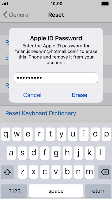 Key in the password for your Apple ID and press Erase. Wait a moment while the factory default settings are restored. Follow the instructions on the screen to set up your phone and prepare it for use. Key in the password for your Apple ID and press Erase. Wait a moment while the factory default settings are restored. Follow the instructions on the screen to set up your phone and prepare it for use.