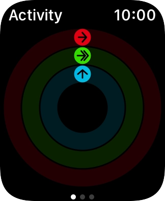 The screen will tell you how far you are from completing your daily activity goals. When the coloured rings are closed, you've reached the goals of your daily activity. The screen will tell you how far you are from completing your daily activity goals. When the coloured rings are closed, you've reached the goals of your daily activity.