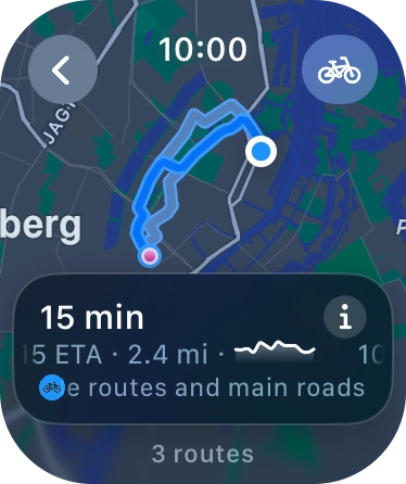 Turn the Digital Crown to see the suggested routes. Turn the Digital Crown to see the suggested routes.
