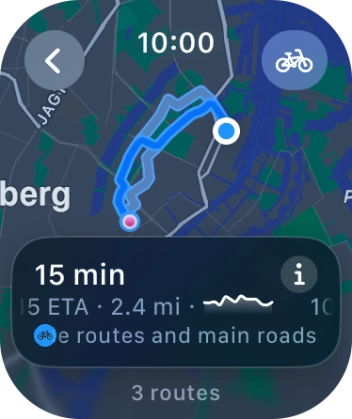 Turn the Digital Crown to see the suggested routes. Turn the Digital Crown to see the suggested routes.