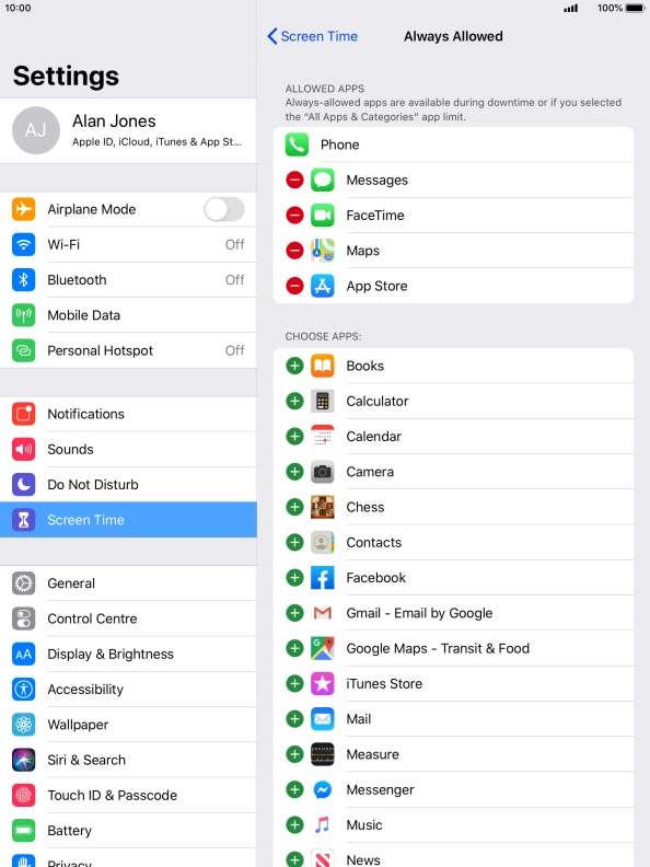 Press the remove icon next to the required app to remove it from the list of allowed apps during Downtime.