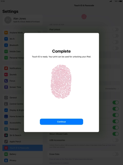 Press Continue. If you haven't previously selected a lock code, key in a code of your own choice twice.