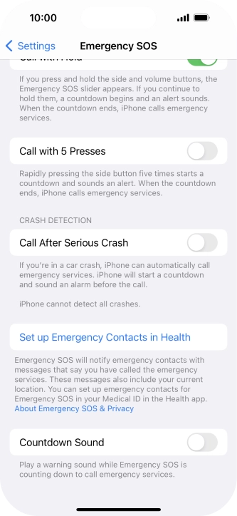 Press Set up Emergency Contacts in Health and follow the instructions on the screen to key in your emergency info and emergency contacts.