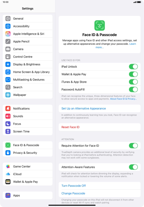Press the indicators next to the required settings to turn them on or off.