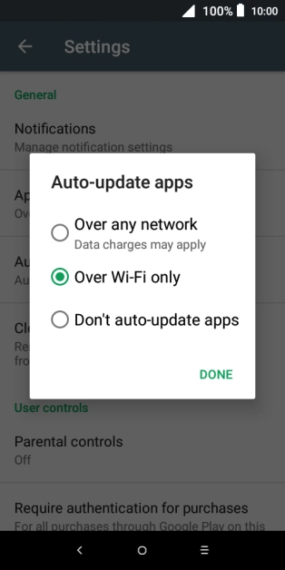 To turn on automatic update of apps using mobile network, press Over any network.