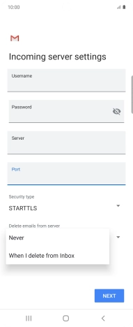 Press Never to keep email messages on the server when you delete them on your phone.