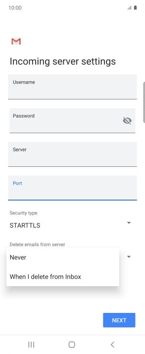 Press Never to keep email messages on the server when you delete them on your phone.