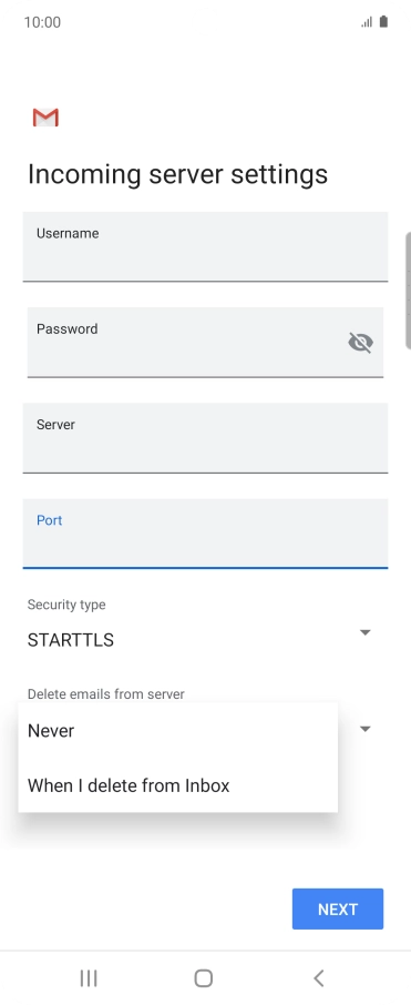 Press Never to keep email messages on the server when you delete them on your phone.
