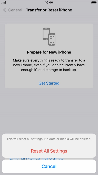 Press Reset All Settings. Wait a moment while the factory default settings are restored. Follow the instructions on the screen to set up your phone and prepare it for use.