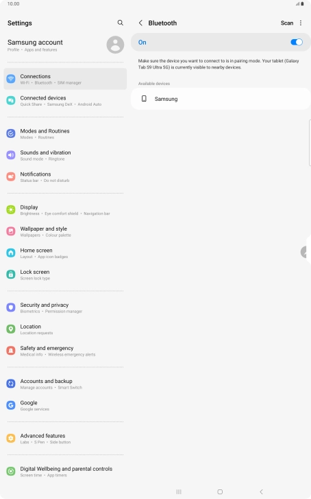 Press the required Bluetooth device and follow the instructions on the screen to pair the device with your tablet.