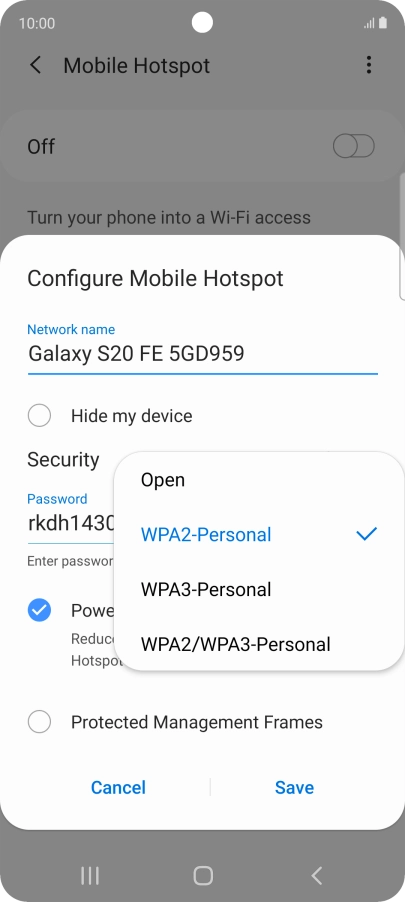 Press WPA2-Personal to password protect your Wi-Fi hotspot.