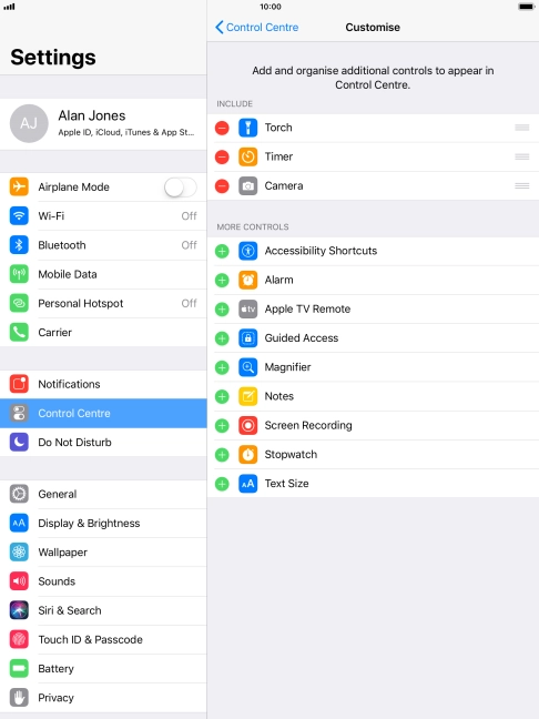 Press the delete icon next to the required function to remove it from Control Centre.