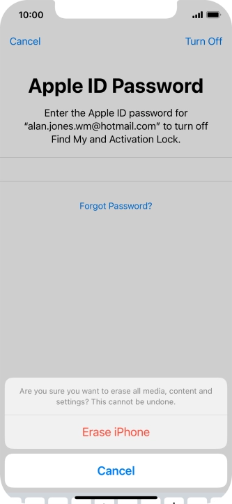 Key in the password for your Apple ID and press Erase iPhone. Wait a moment while the factory default settings are restored. Follow the instructions on the screen to set up your phone and prepare it for use.