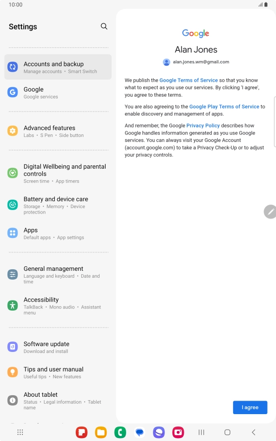 Press I agree and follow the instructions on the screen to select settings for your Google account. Press I agree and follow the instructions on the screen to select settings for your Google account.