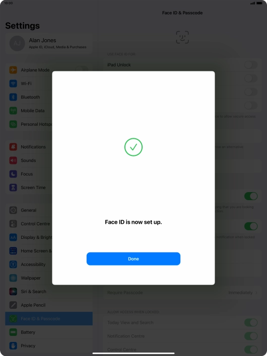 Press Done. If you haven't previously selected a lock code, key in a code of your own choice twice.
