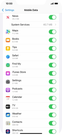 Press the indicators next to the required applications to turn the function on or off.