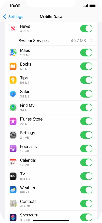 Press the indicators next to the required applications to turn the function on or off.