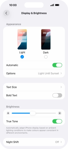 If you turn on the function, press Options and follow the instructions on the screen to select the required period of time for Dark Mode.