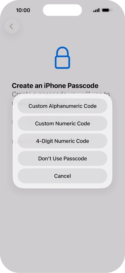 Follow the instructions on the screen to turn on use of phone lock code or press Don't Use Passcode.