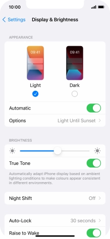 If you turn on the function, press Options and follow the instructions on the screen to select the required period of time for Dark Mode.