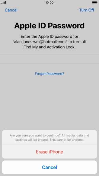 Key in the password for your Apple ID and press Erase iPhone. Wait a moment while the factory default settings are restored. Follow the instructions on the screen to set up your phone and prepare it for use.